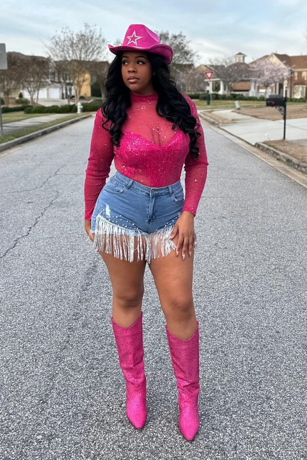 cowgirl-outfits-20 Hot Pink Bodysuit & Silver Fringe