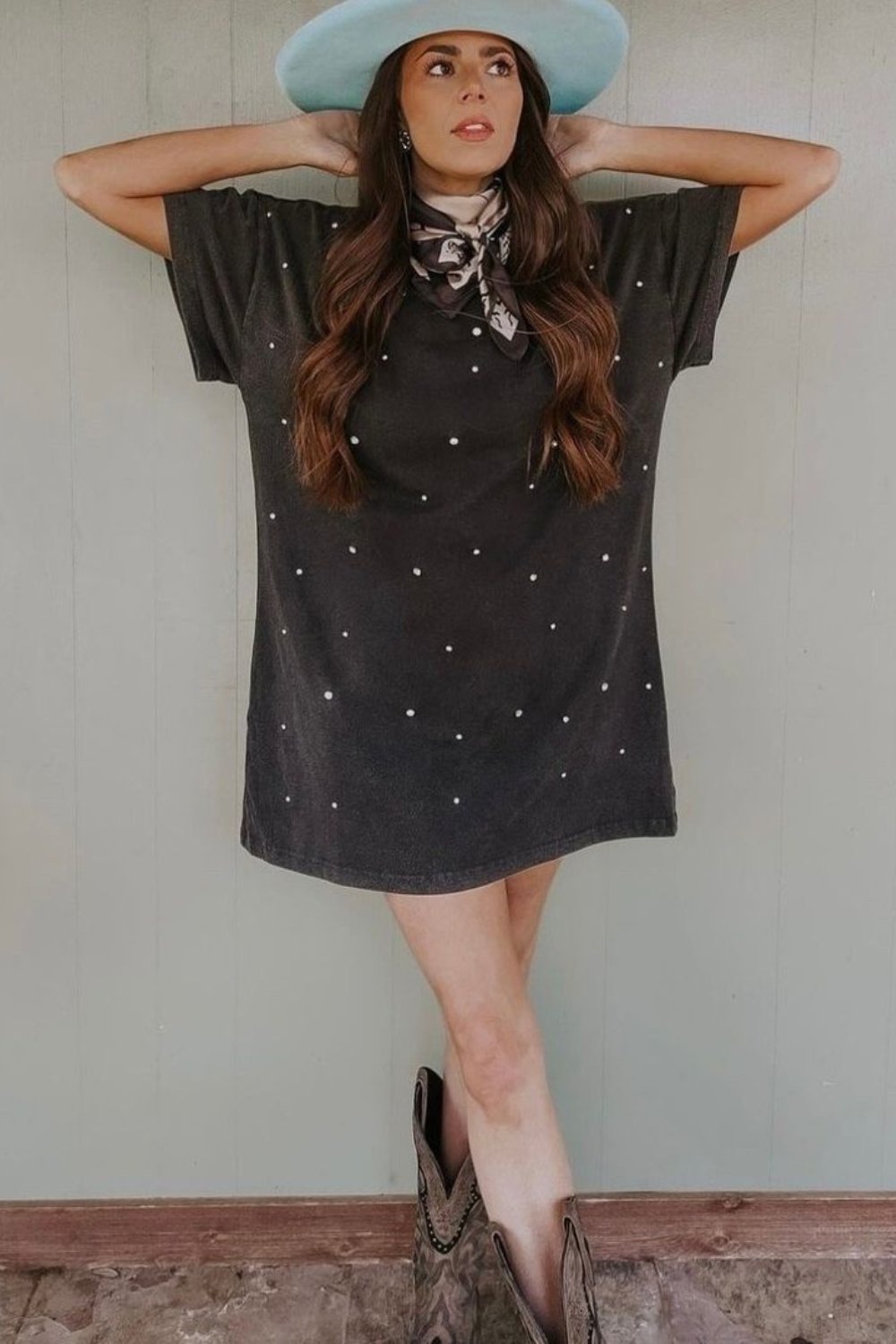 cowgirl-outfits-27 Rhinestone T-Shirt Dress & Blue Hat