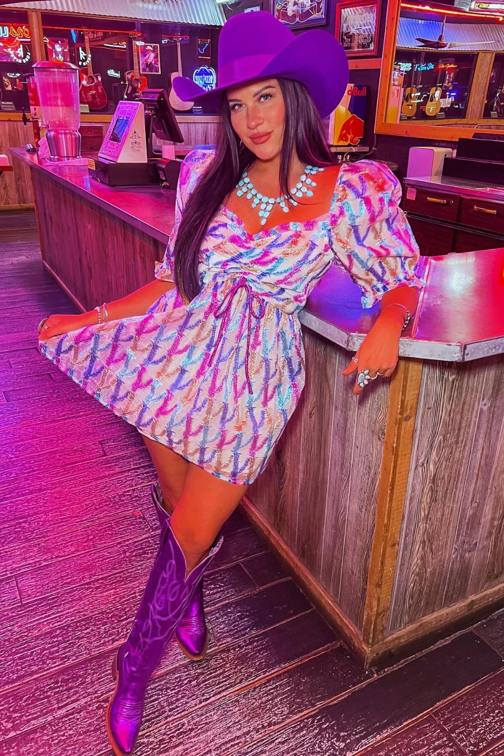 cowgirl-outfits-8 Multicolored Mini Dress & Purple Cowboy Hat