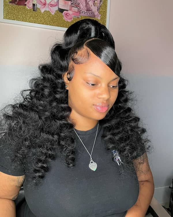 Curly Half Up Half Down with Side Swept Bangs