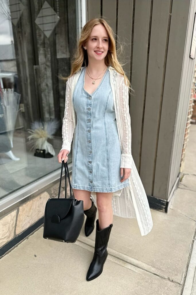 Button-Up Dress with Lace Cardigan