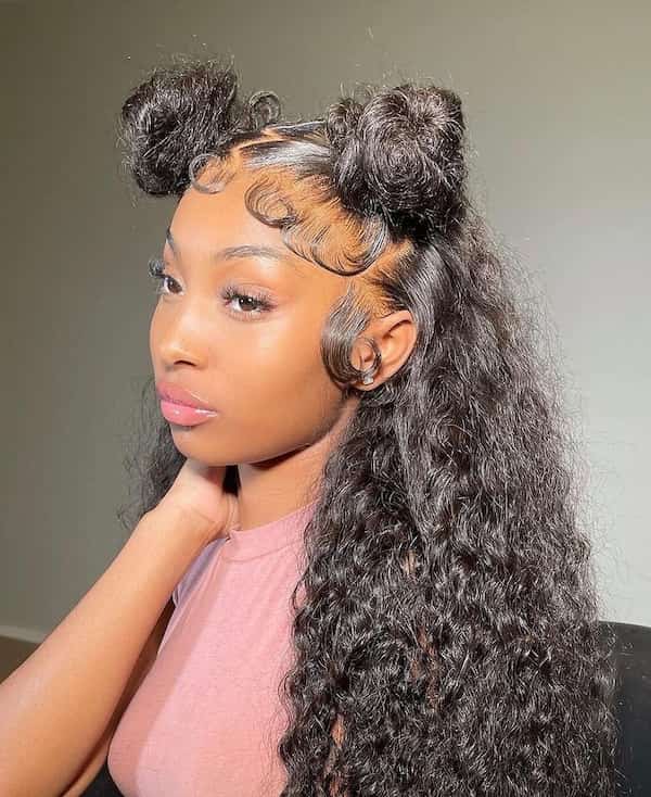 double-bun-and-half-down-curls Double Bun and Half Down Curls