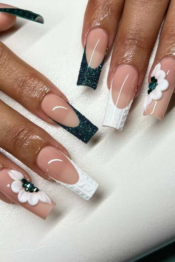 Emerald Green Floral Nails