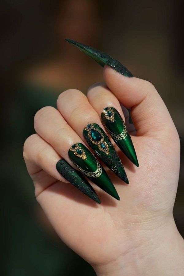 Emerald Green Nails with 3D Embellishments