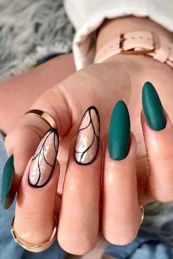 Emerald Green Nails with Abstract Art