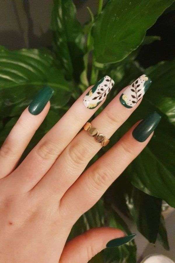 Emerald Green Nails with Abstract Flowers