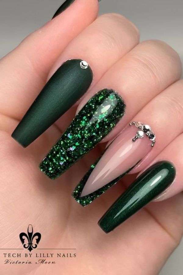 Emerald Green Nails with Artistic Patterns