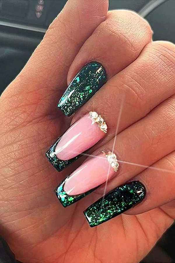Emerald Green Nails with Bejeweled Accents