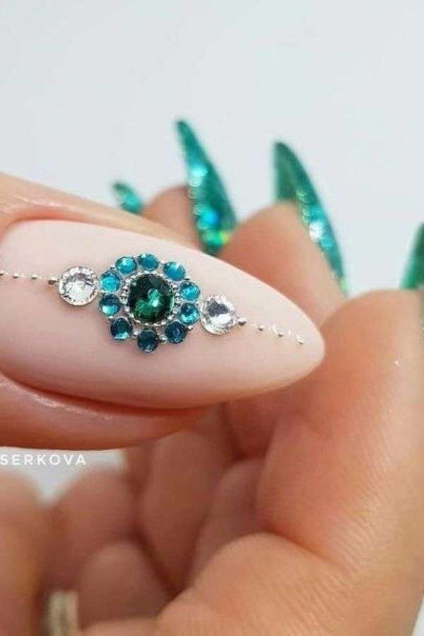 Emerald Green Nails with Colorful Gems
