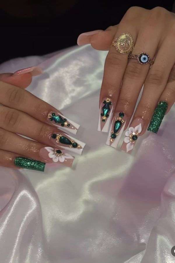 Emerald Green Nails with Crystal Clusters