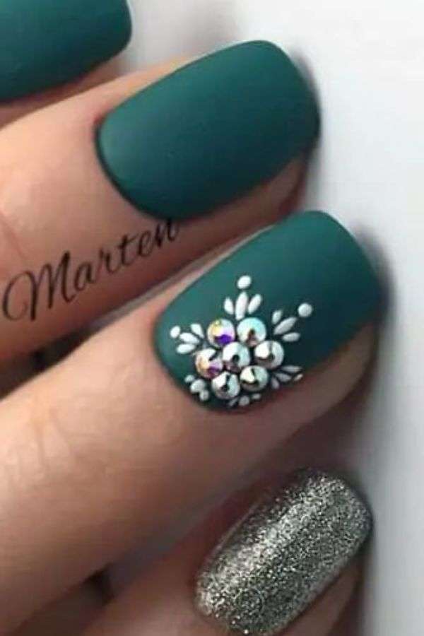 Emerald Green Nails with Floral Accents
