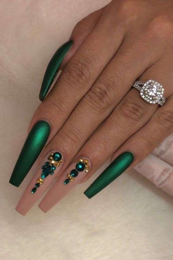 Emerald Green Nails with Gemstone Accents