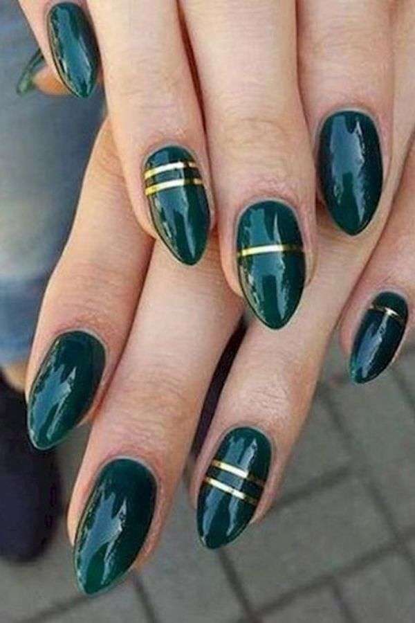 Emerald Green Nails with Gold Stripes