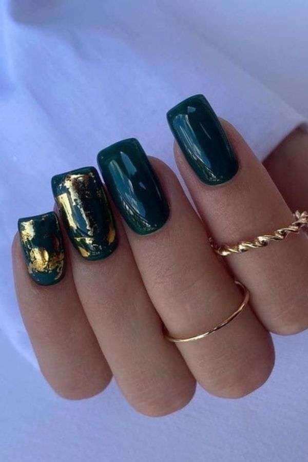Emerald Green Nails with Metallic Foil