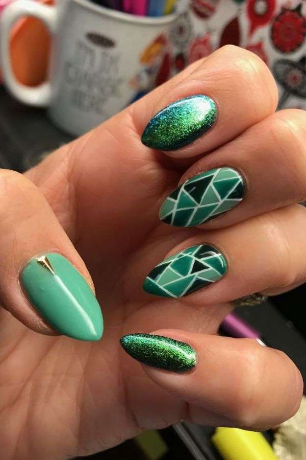 Emerald Green Nails with Mosaic Patterns