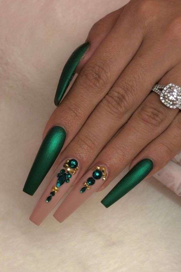 Emerald Green Nails with Polished Gemstones