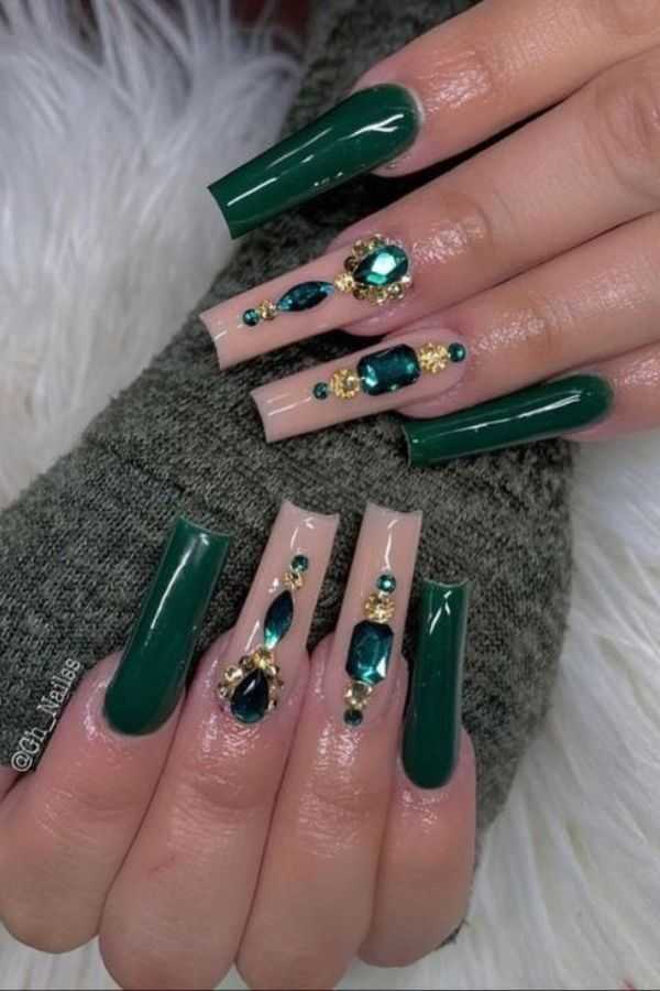 Emerald Green Nails with Rhinestones