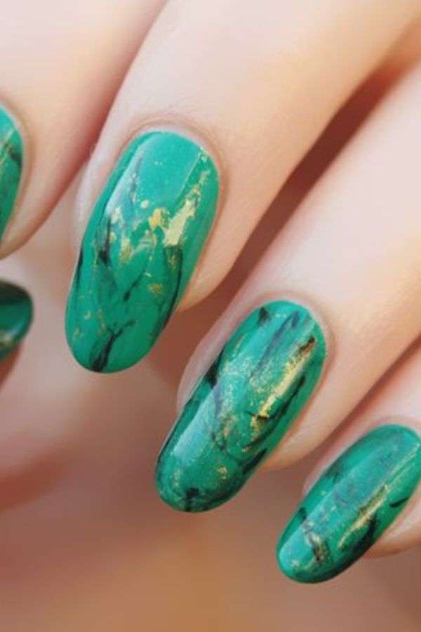 Emerald Green Nails with Watercolor Art