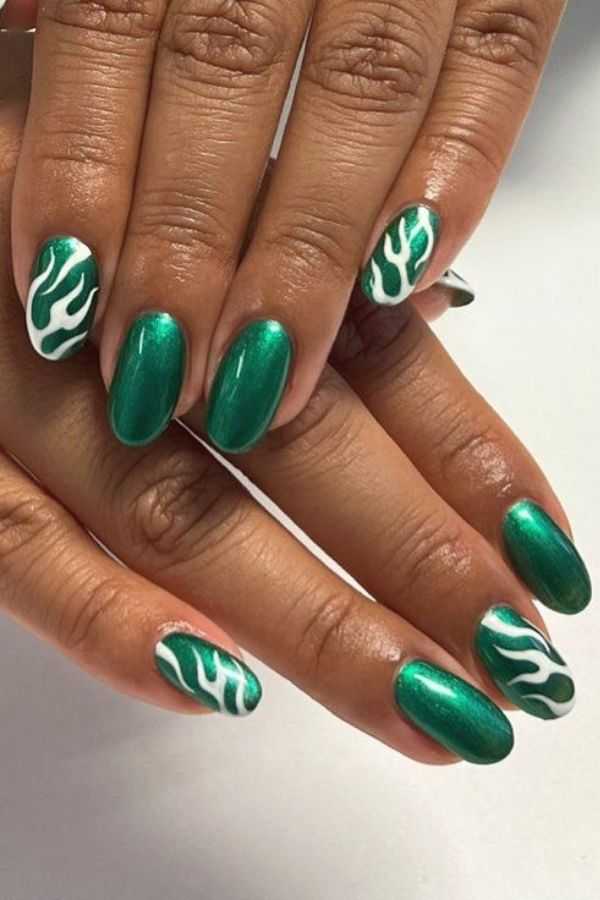 Emerald Green Nails with Whimsical Swirls