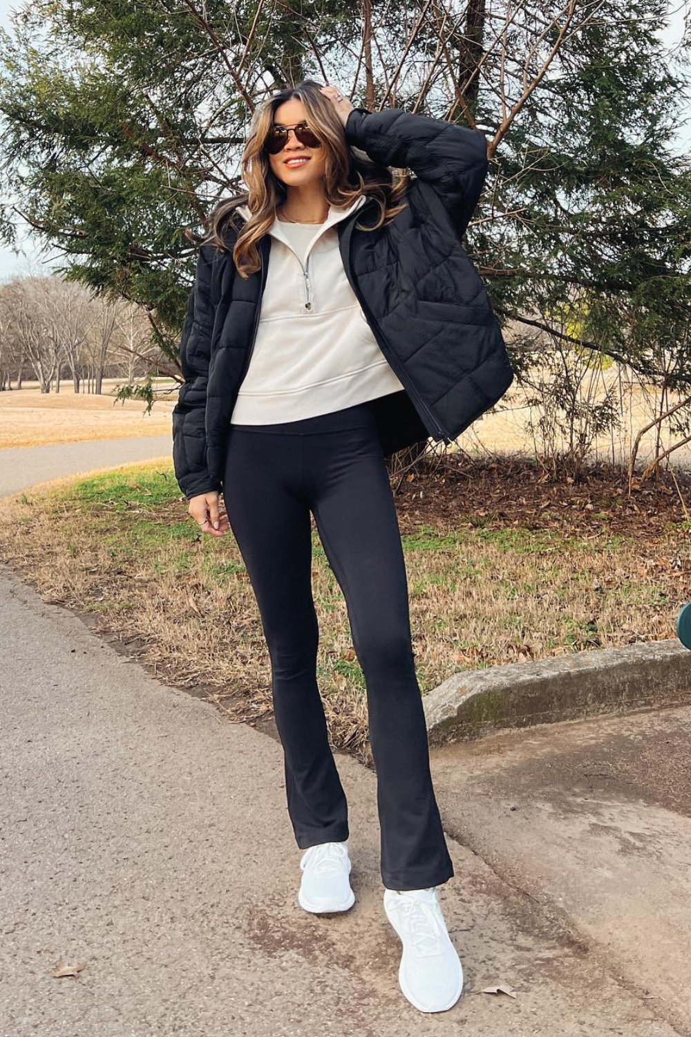 flare-leggings-outfits-15 Layered Look: Quilted Jacket and Half-Zip