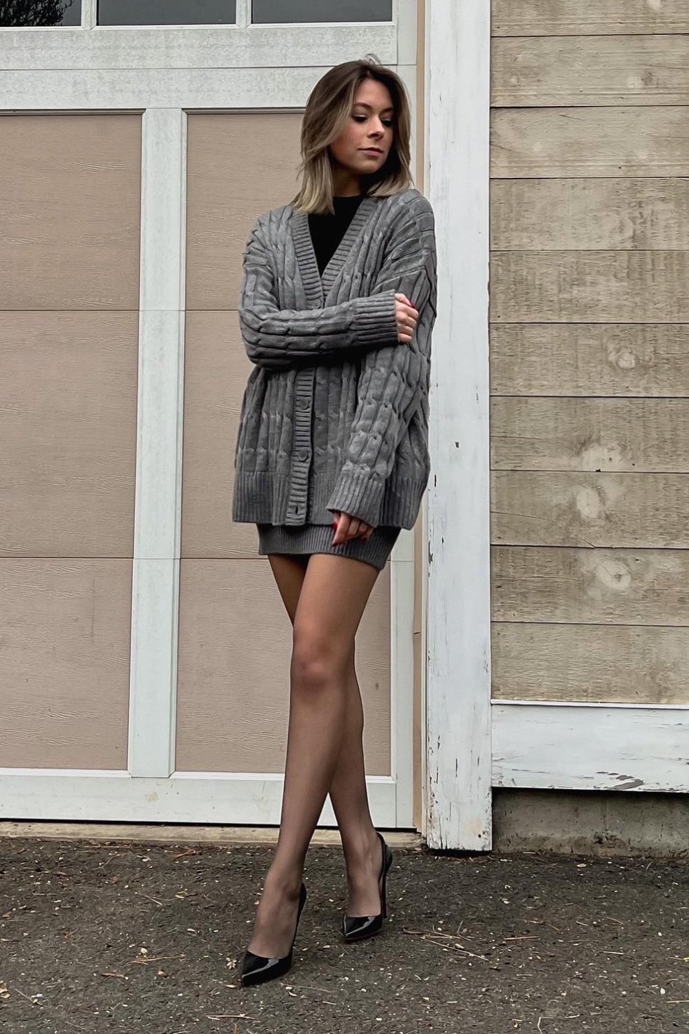 grandpa-core-outfits-15 Textured Cardigan, Knit Skirt, and Black Top