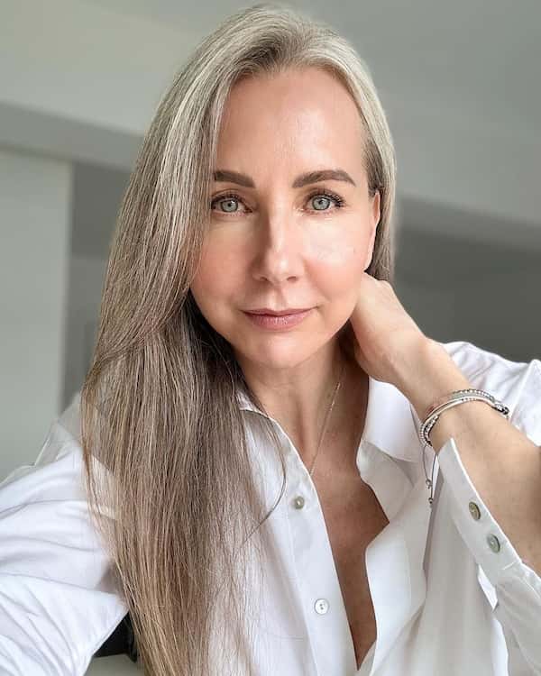 gray-long-straight-lob-hairstyle Gray Long Straight Lob Hairstyle