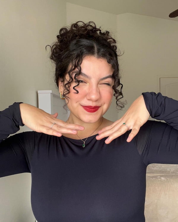 Messy Curly Bun and Bangs