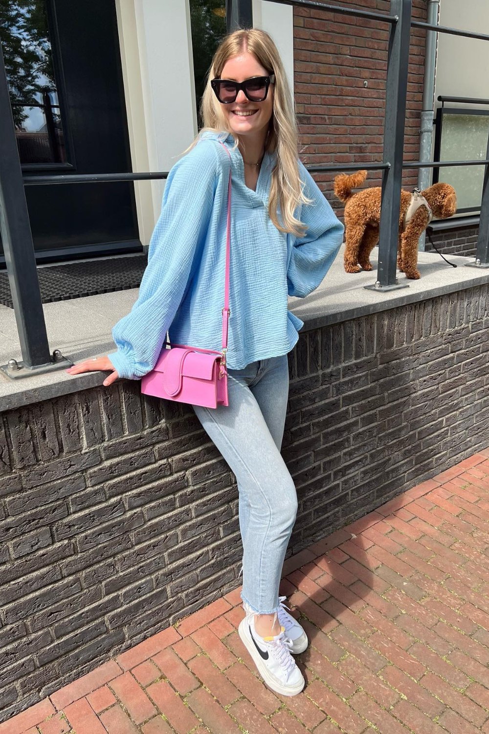 Oversized Blue Shirt and Light Wash Mom Jeans