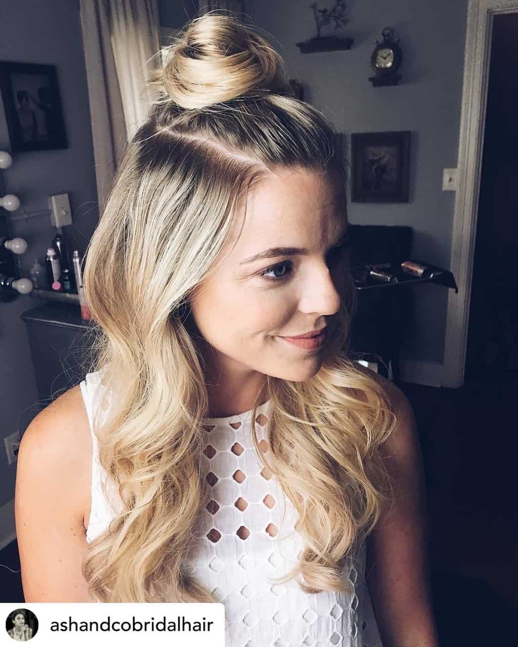 A super cute half-up topknot is perfect for next-day hair! Check out more of my favorite next-day hairstyles!