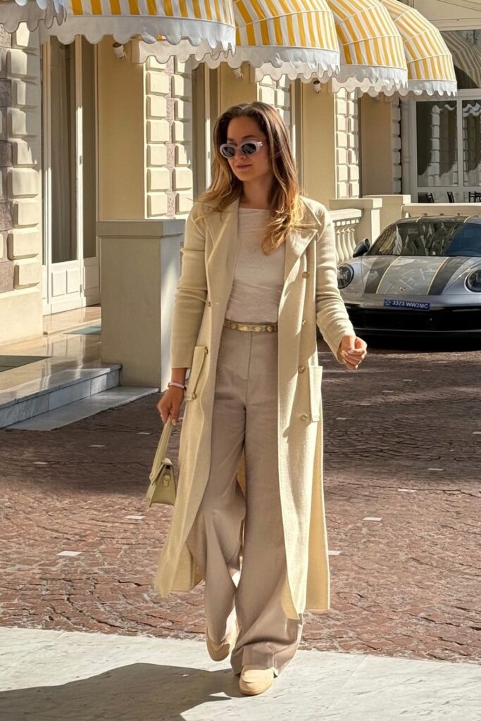 Cream Long Coat and Beige Wide-Leg Trousers