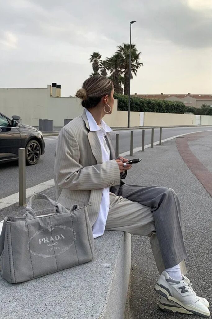 Pinstripe Suit with Chunky Sneakers