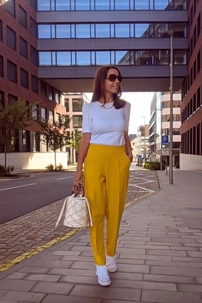 Yellow Trousers and White Sneakers