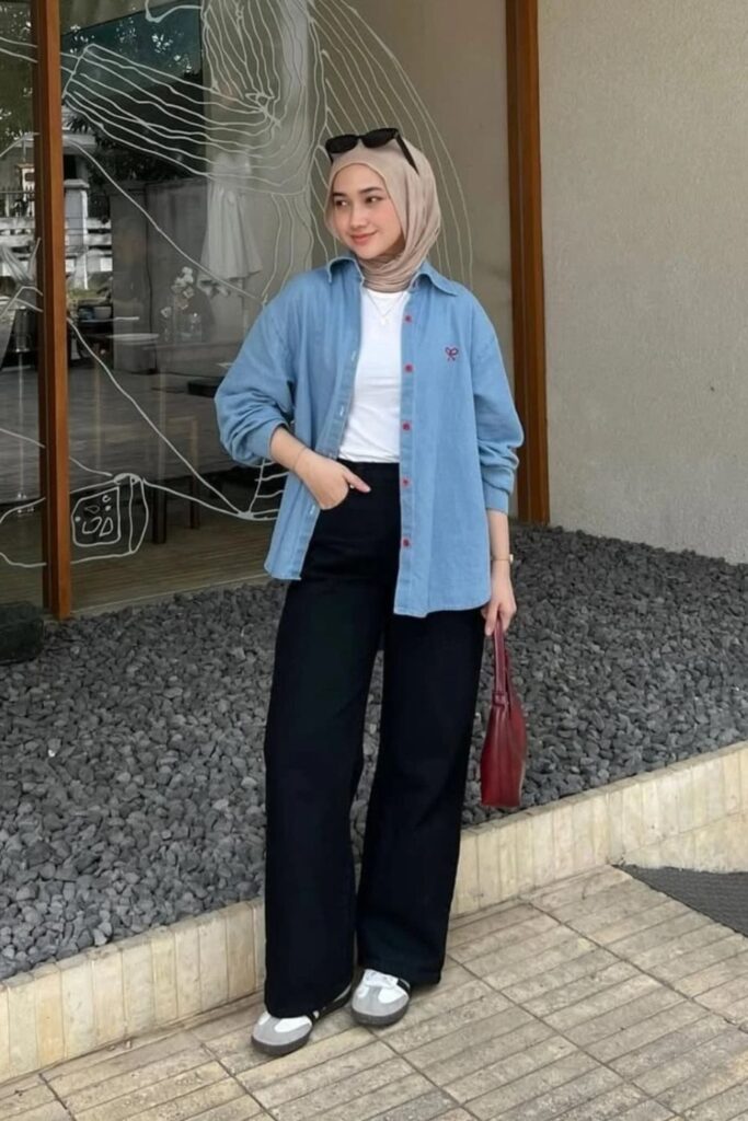 Light Blue Button-Up Over White Tee