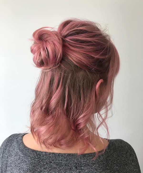 Pink Half Up Bun Half Down with Bangs