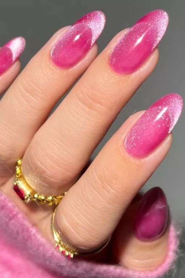 Pop of Sparkle Pink Chrome and Glitter Nails