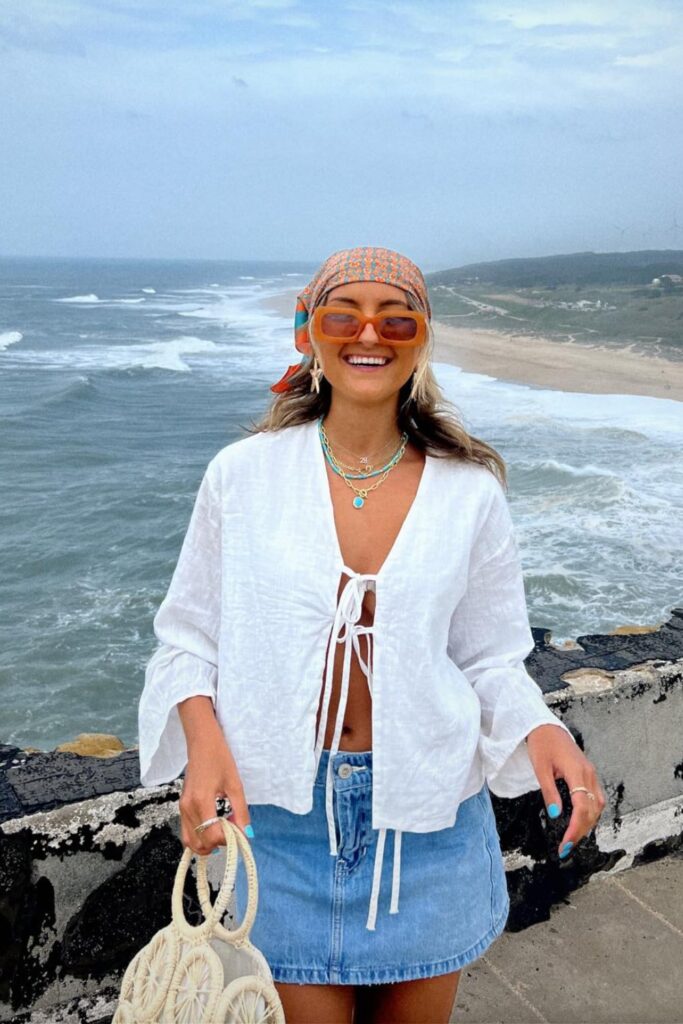 White Tie-Front Cover-Up and Denim Skirt