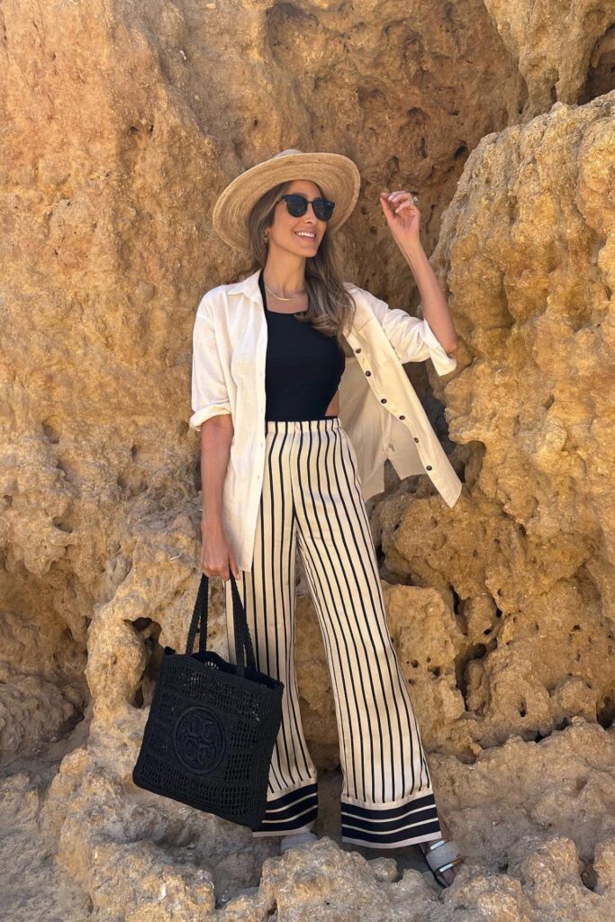White Button-Down and Striped Pants