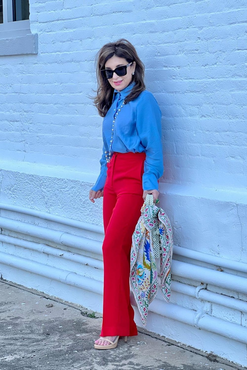 Blue Button-Up Shirt and Red Wide-Leg Trousers