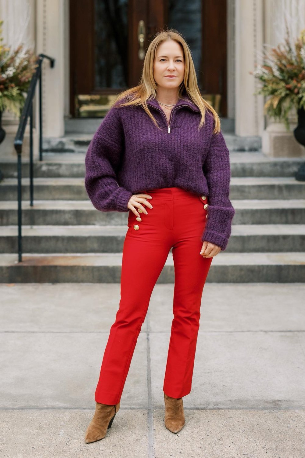 Purple Sweater and Red Trousers