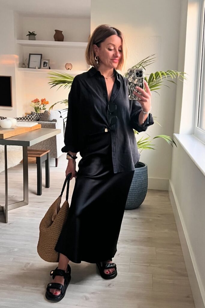 satin-skirt-outfits-17-683x1024-1 Button-Up Shirt & Black Maxi Skirt