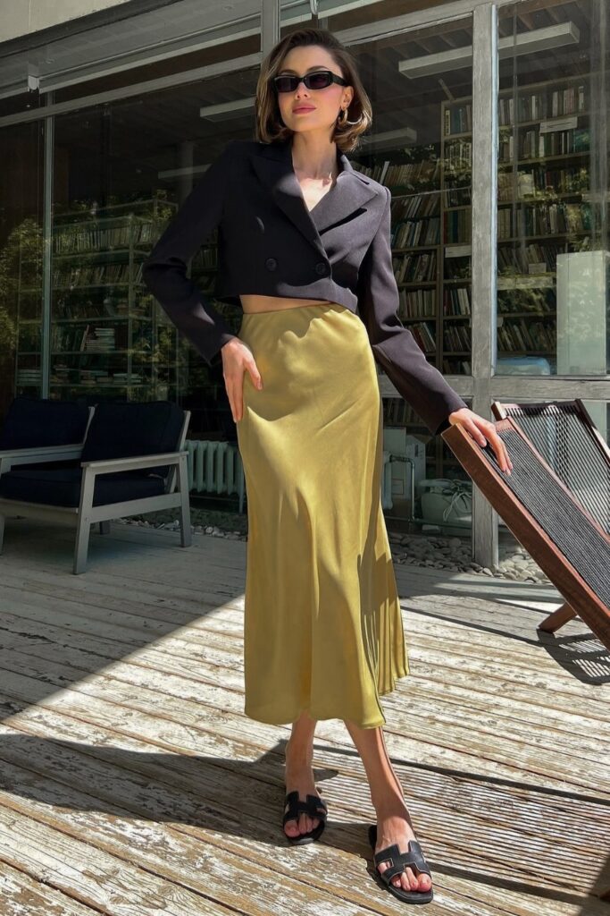 satin-skirt-outfits-8-683x1024-1 Black Cropped Blazer & Yellow Midi Skirt