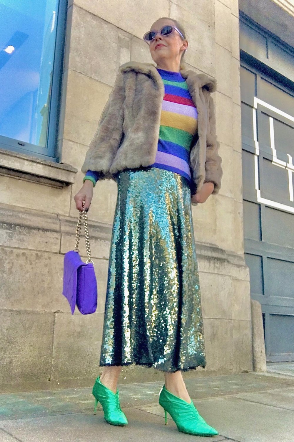 Colorful Stripes, Fur and Teal Sequins