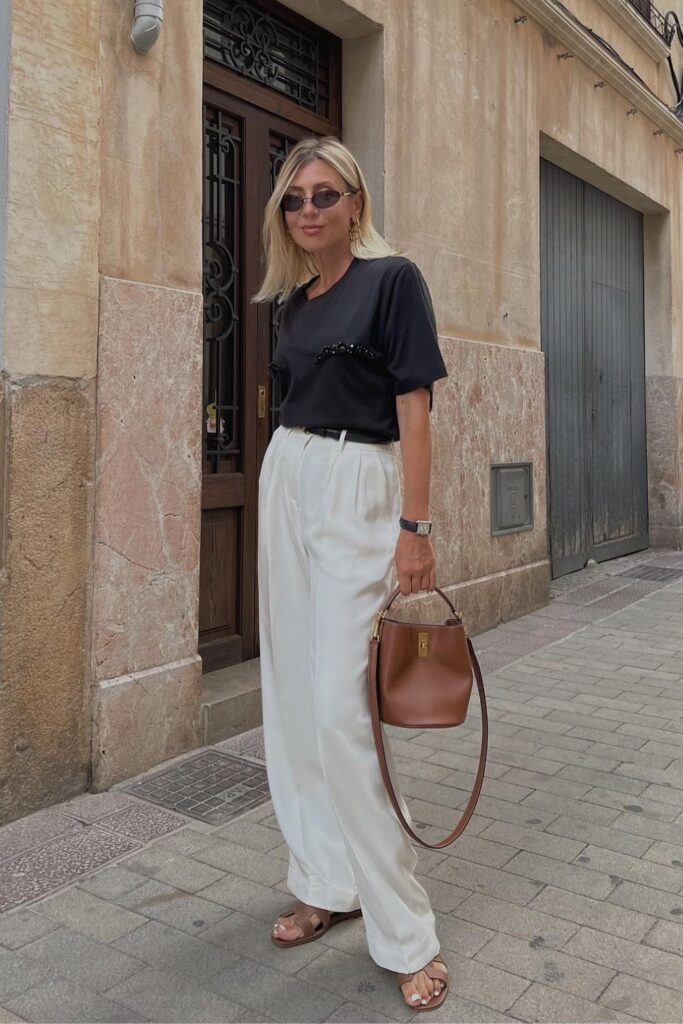 Black T-Shirt and White Silk Pants