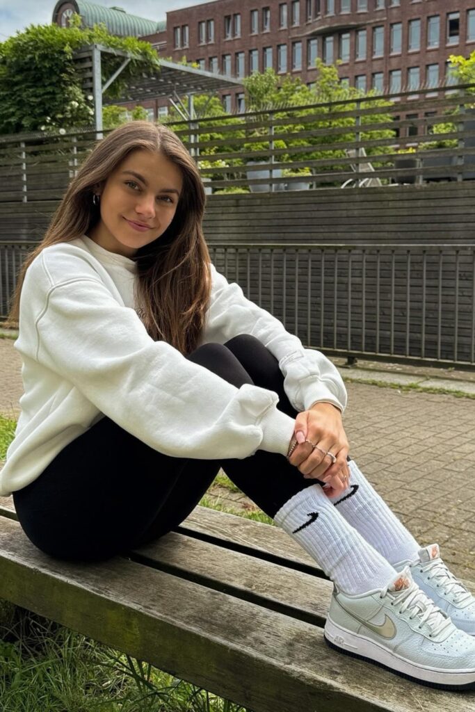 White Sweatshirt and Black Leggings