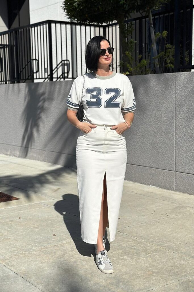 Sports T-shirt and Denim Maxi Skirt