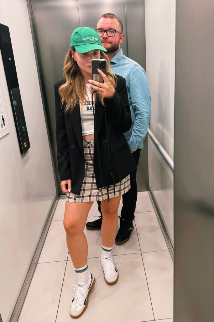 Baseball Cap and Plaid Mini Skirt