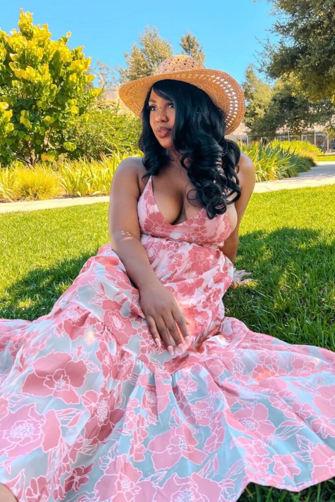 Pink Floral Maxi Dress with Straw Hat