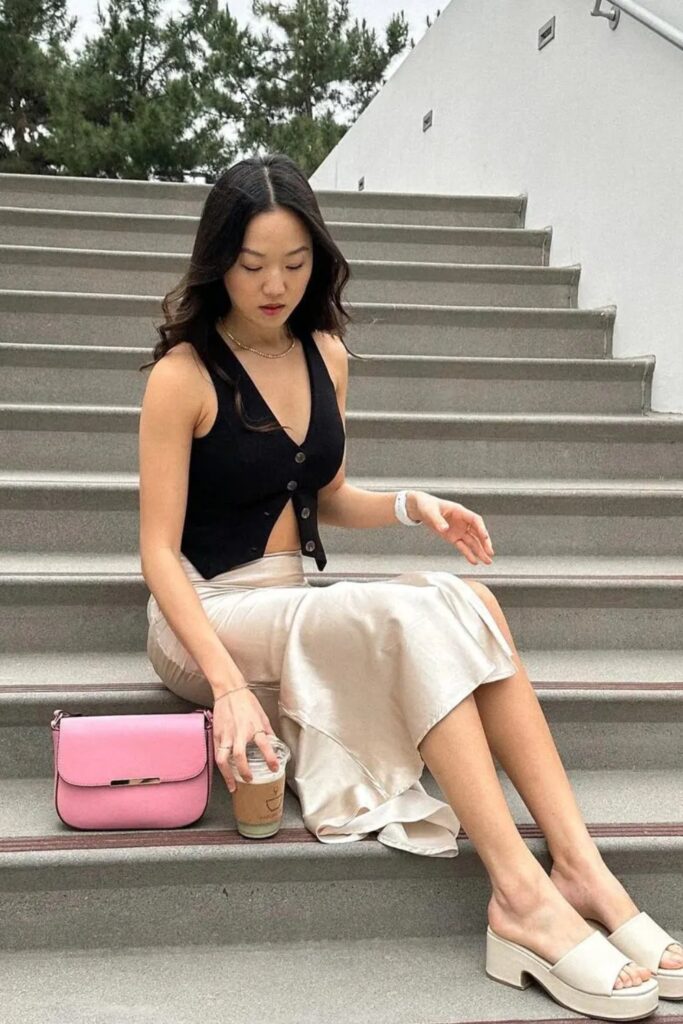 Black Vest Top and Satin Skirt