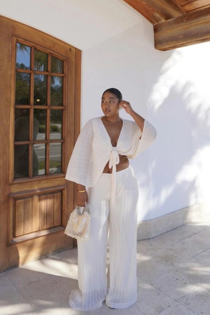White Textured Crop Top and Palazzo Pants