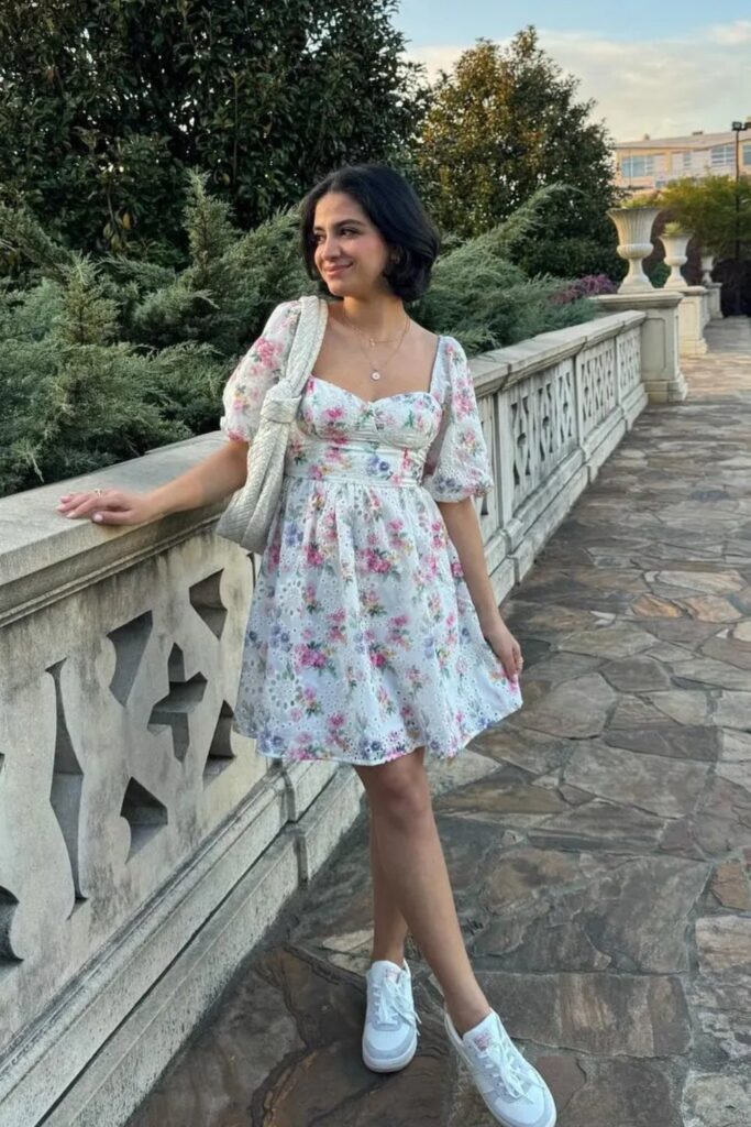 Floral Mini Dress with White Sneakers